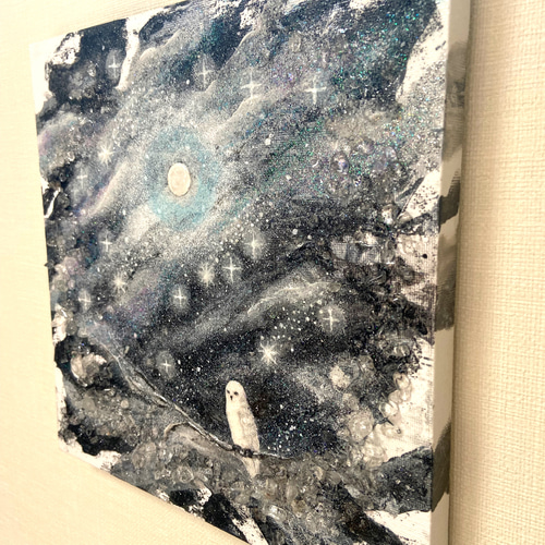 月に逢いにきた（原画） #月 #フクロウ #夜空 水晶 #黒 絵画 vega 通販