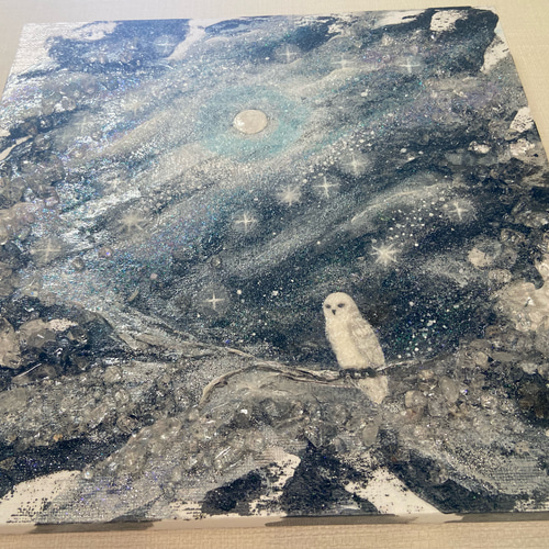 月に逢いにきた（原画） #月 #フクロウ #夜空 水晶 #黒 絵画 vega 通販