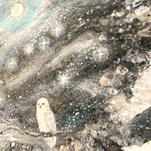 月に逢いにきた（原画） #月 #フクロウ #夜空 水晶 #黒 絵画 vega 通販