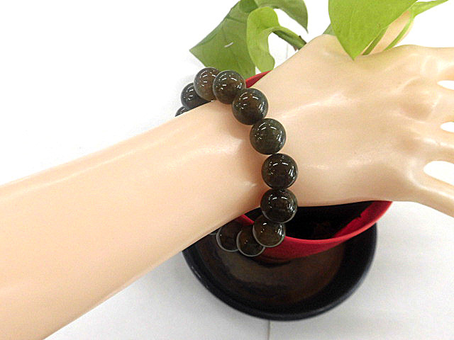 天然石 グリーンルチルクォーツ13.0mm～13.8mm玉ブレスレット 内周18.2cm　　　240101768