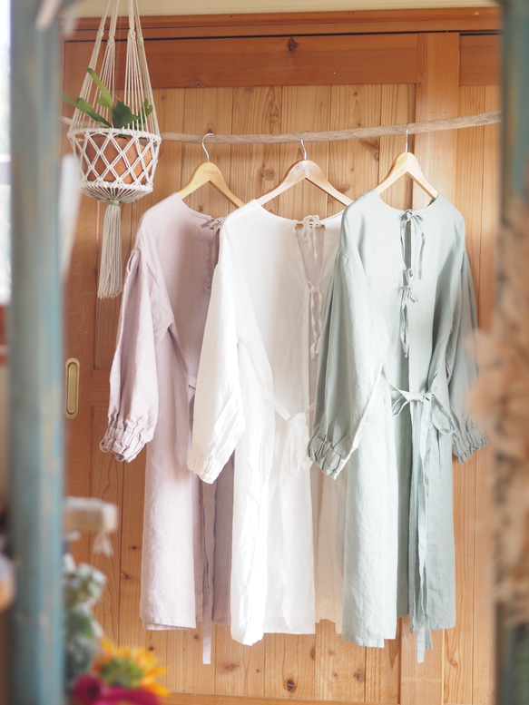 割烹着　コットンリネンエプロン　ワンピース　ピンク　綿麻 割烹着　コットンリネンエプロン　ワンピース　ピンク　綿麻 P1485583255(11440円)