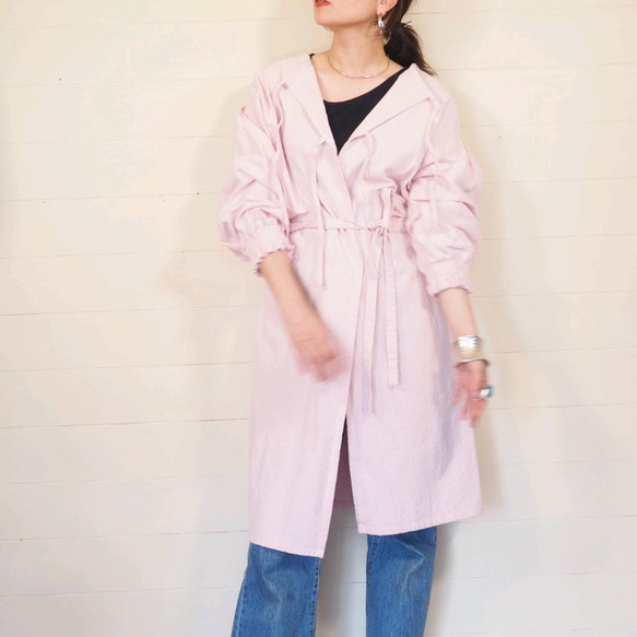 割烹着　コットンリネンエプロン　ワンピース　ピンク　綿麻 割烹着　コットンリネンエプロン　ワンピース　ピンク　綿麻 P1485583255(11440円)