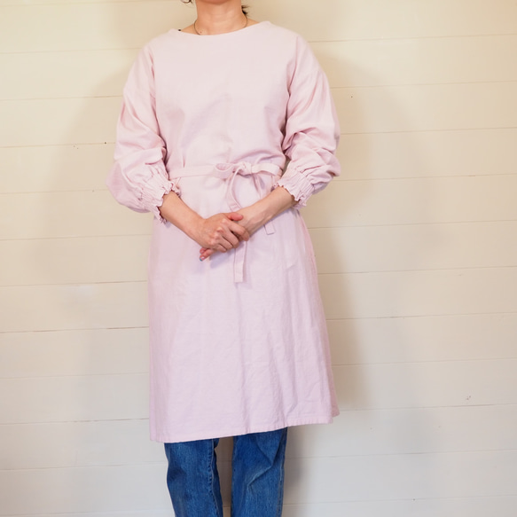 割烹着　コットンリネンエプロン　ワンピース　ピンク　綿麻 割烹着　コットンリネンエプロン　ワンピース　ピンク　綿麻 P1485583255(11440円)