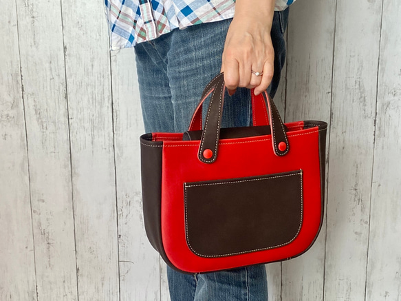 カラフルトートL　本革　レッド／チョコ　２色 18枚目の画像