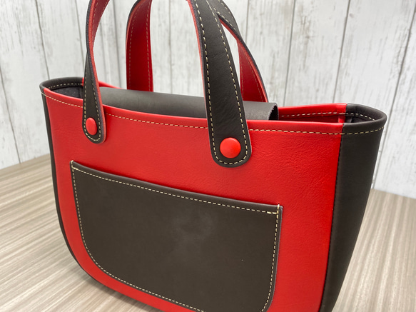 カラフルトートL　本革　レッド／チョコ　２色 5枚目の画像