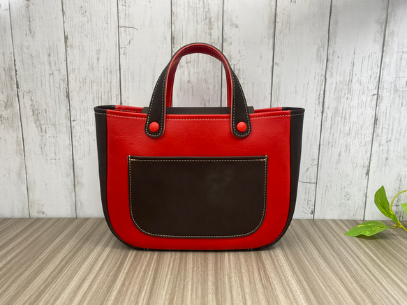 カラフルトートL　本革　レッド／チョコ　２色 1枚目の画像