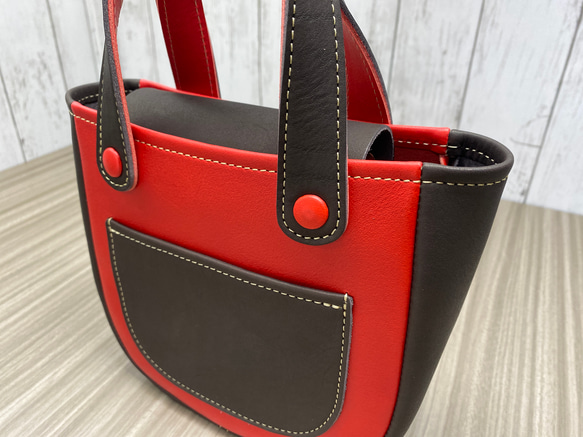 カラフルトートS　本革　レッド／チョコ　２色 5枚目の画像