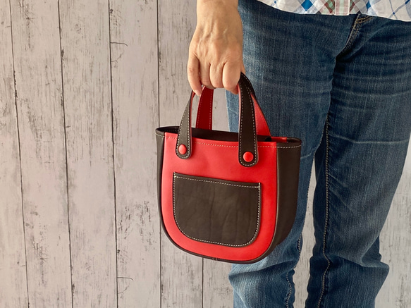 カラフルトートS　本革　レッド／チョコ　２色 17枚目の画像