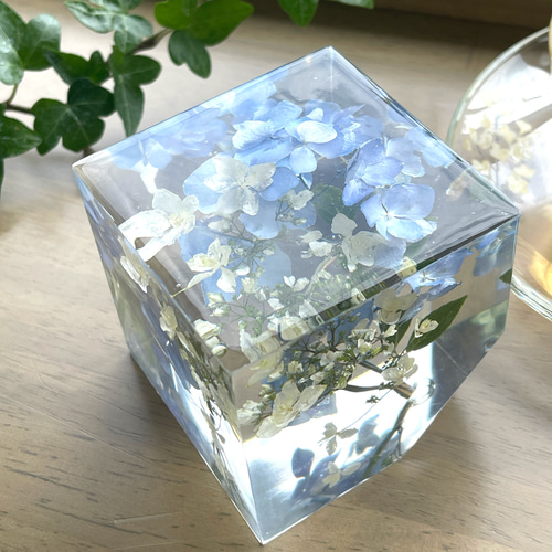 本物紫陽花吸い上げ染め❤️切子硝子調レジンのロングバレッタ❤️ 植物標本 紫陽花 水色 レジン 鉱石型 ハーバリウム・植物標本 in