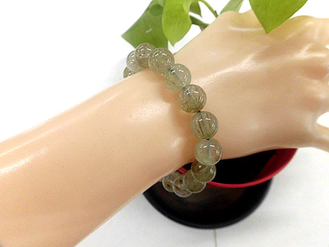 天然石 グリーンルチルクォーツ10.9mm～11.3mm玉ブレスレット 内周18.3cm　　　240101771