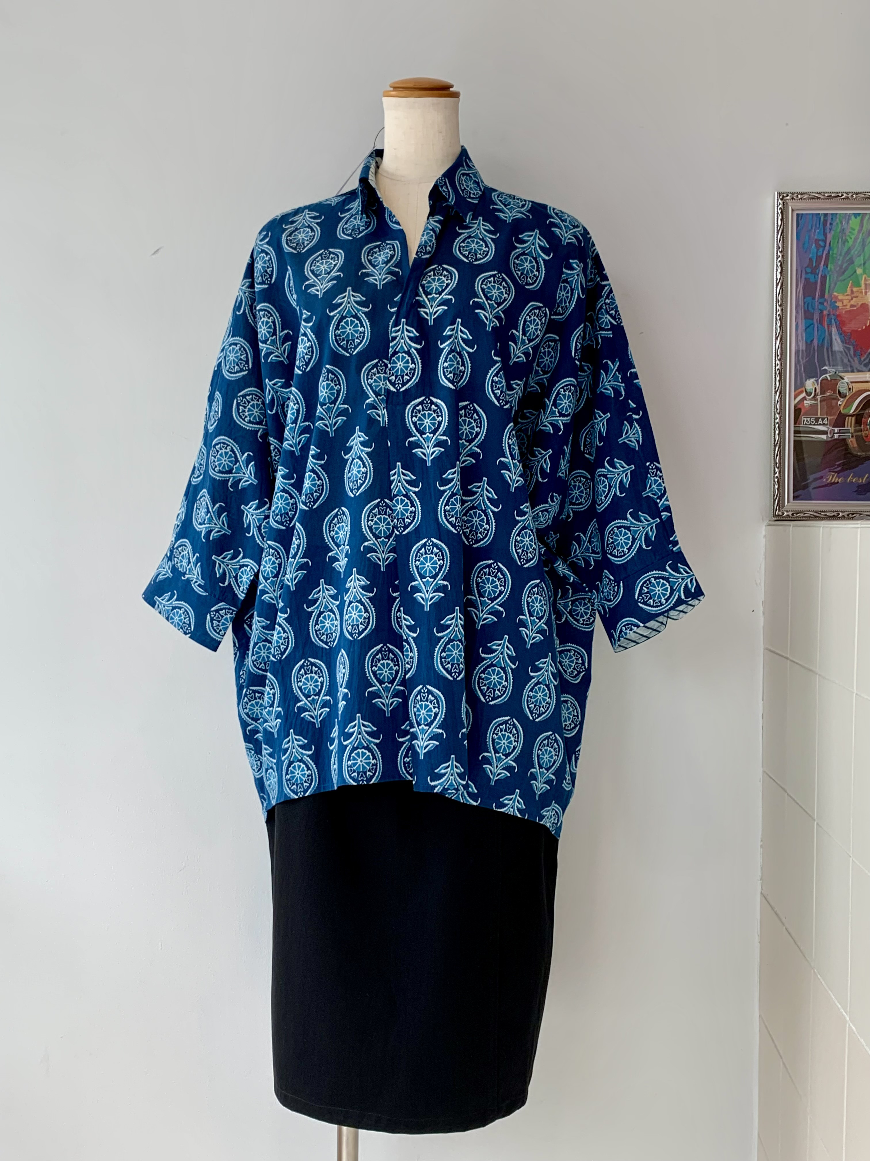 【着るストレスゼロ】ブラウス　インド綿　ブロックプリント　コットン綿　ハンドメイド　ブルー