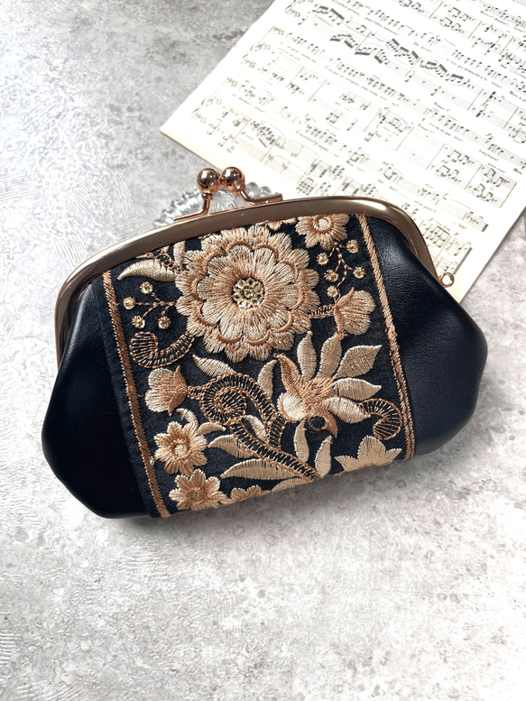 親子がま口ミニ財布 牛革ブラック×インド刺繍リボン がま口 rinc