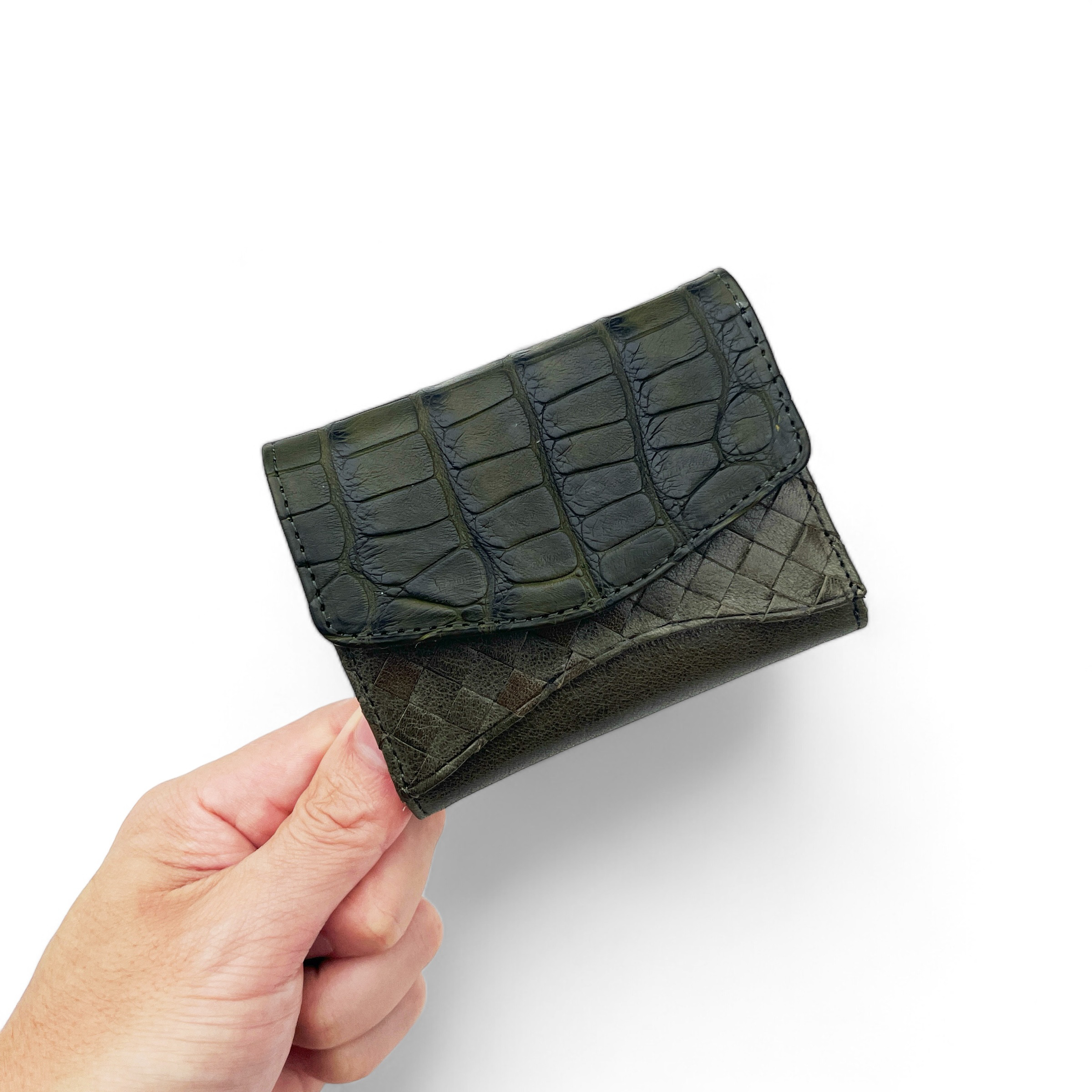 "数量限定"小さな三つ折り財布 マイクロウォレット 本ワニ革×バローロ革(牛) <Green>