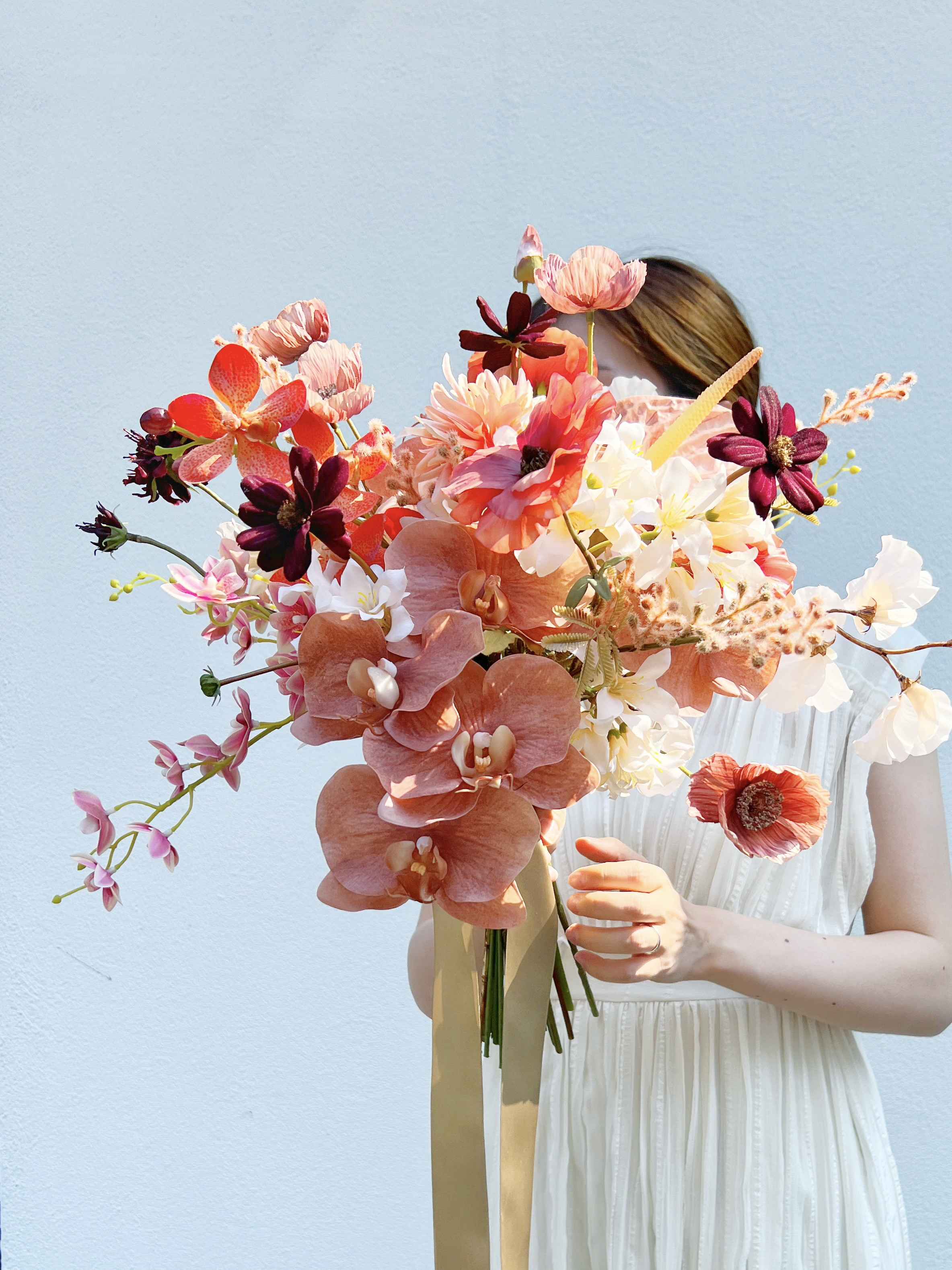 【受注製作】大人っぽニュアンスブーケ　ウェディングブーケ　おしゃれ　アーティフィシャルフラワー　オレンジ　胡蝶蘭ブーケ