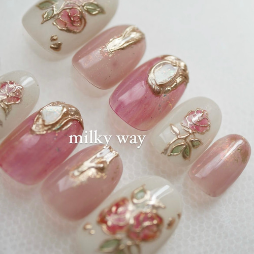 No.23ローズ×ニュアンスピンクネイル オーダーネイルチップ 成人