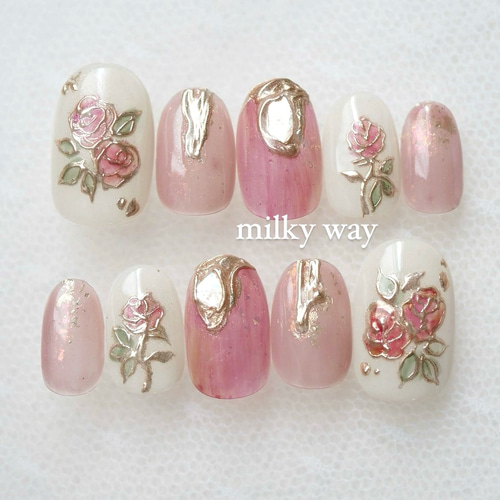 No.23ローズ×ニュアンスピンクネイル オーダーネイルチップ 成人式  