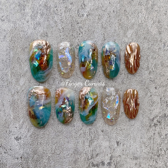 サイズオーダー】森ニュアンス・青緑・ラインストーン・ゴールド