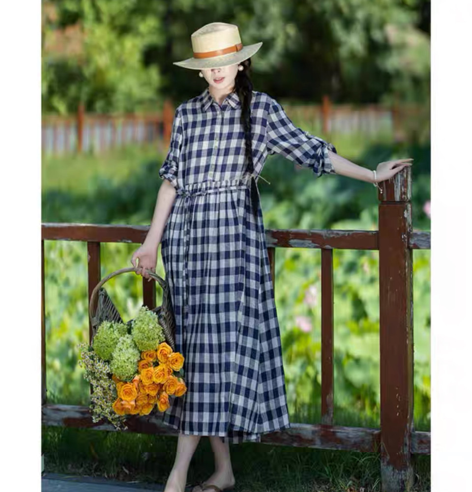 先染めリネン　チェック柄のロングワンピース　ウエストリボン　ポケット付【春夏秋】チェック柄