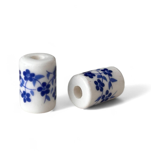 陶器玉 6個 to72 花 和柄 ビーズ 円柱 12mm 青 ブルー 磁器