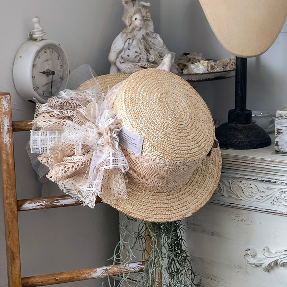 手作りクロス付き♡アンのカンカン帽・2025-1（麦わら帽子・帽子