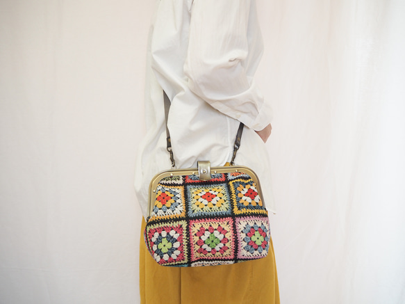 グラニースクエア風ゴブラン　カシメ留め口金の２wayバッグ 12枚目の画像