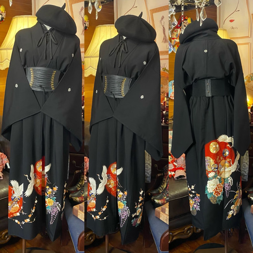 和洋折衷 黒留袖 着物 リメイク ロング ワンピース ドレス