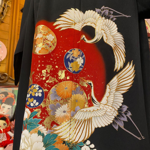 黒留袖 リメイクロングワンピースるドレス　鶴と松の刺繍 和洋折衷 黒留袖 着物 リメイク ロング ワンピース ドレス