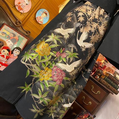 和洋折衷 黒留袖 着物 リメイク ワンピース ドレス 洗える 化繊 古着  