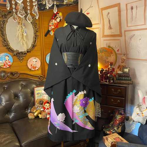 ★552着物リメイク…黒留袖からワンピース 黒留袖 着物 和 モダン ハンドメイド リメイク ワンピース