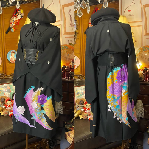 和洋折衷 黒留袖 着物 リメイク ワンピース ドレス 洗える 化繊 古着