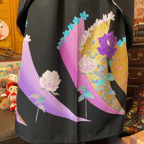 和洋折衷 黒留袖 着物 リメイク ワンピース ドレス 洗える 化繊 古着