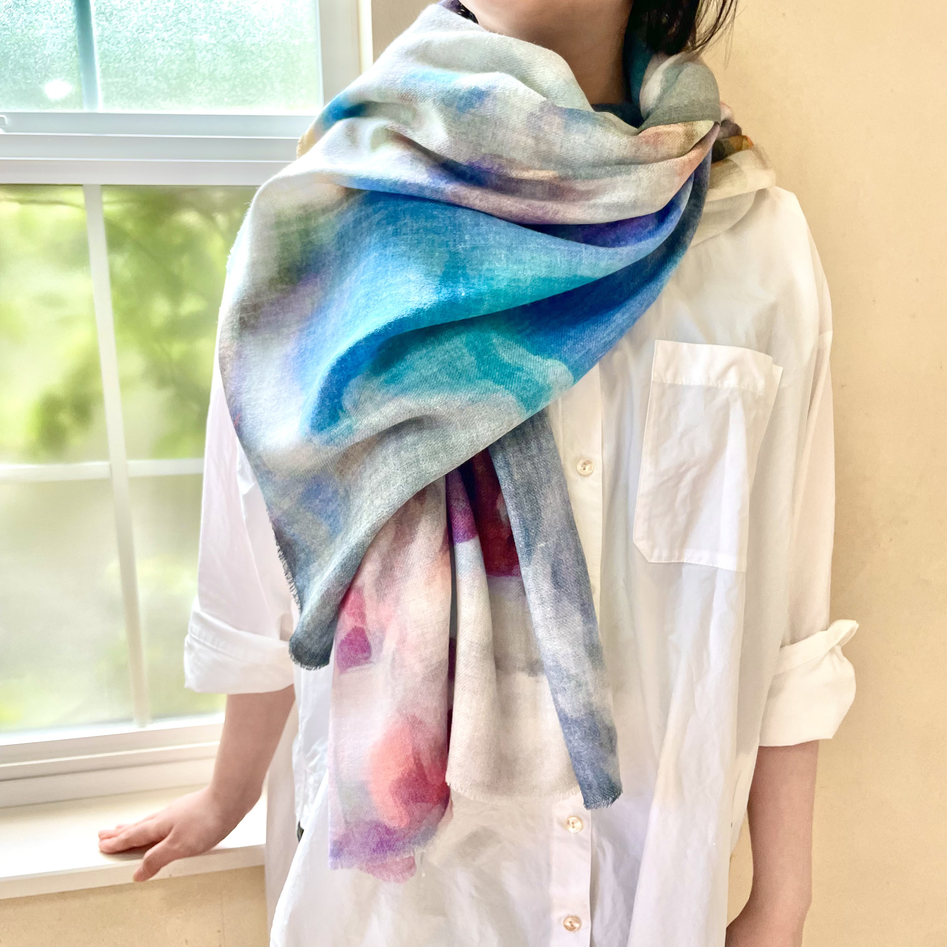 水彩画ストール　ファインウール100% 大判ウールストール　マルチカラー