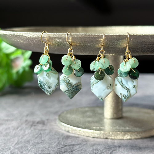 14kgfグリーンアゲートピアス/イヤリング 選べます*14kgfツリーアゲートとエメラルドのグリーンピアス