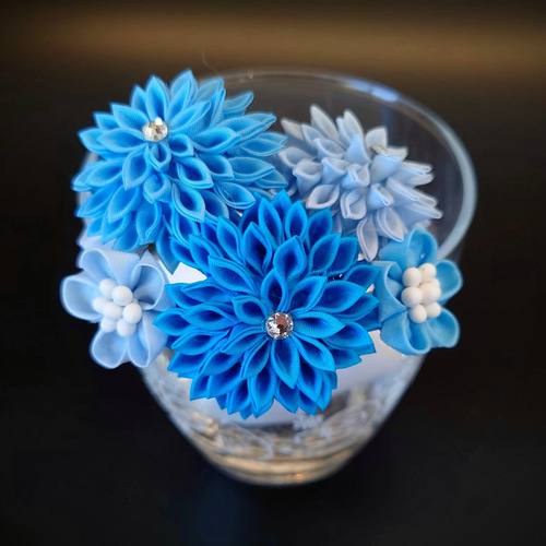 七五三、成人式、卒業式『青系髪飾り4点セット』 つまみ細工髪飾り
