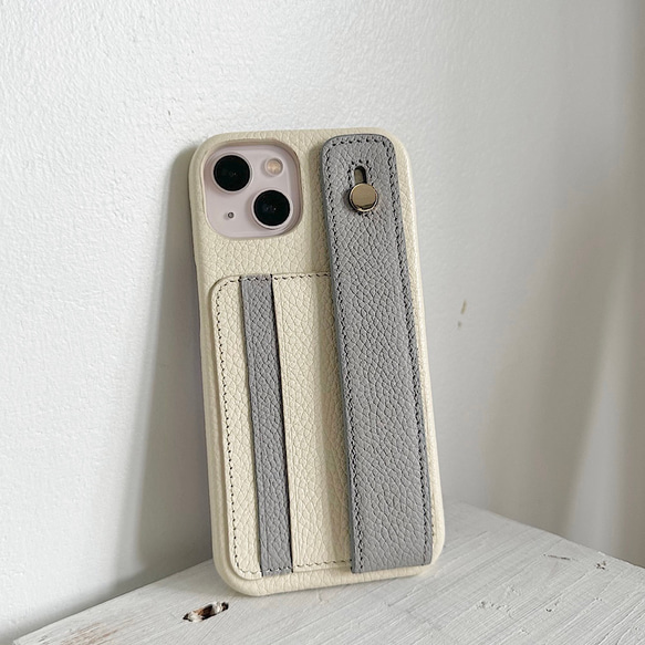本革 カード収納 名入れハンドベルト バイカラーIphoneケース 名入れ可 本革 バイカラー ハンドベルト付き 革 カード2枚収納