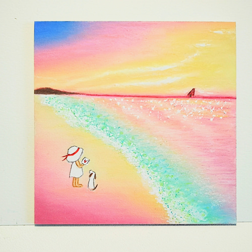 オイルパステル画　夕陽と湖とにゃんこNo.3 風景画　ご予約品 海の夕日を見つめる親子猫 風景画 オイルパステル画 原画 ハガキサイズ