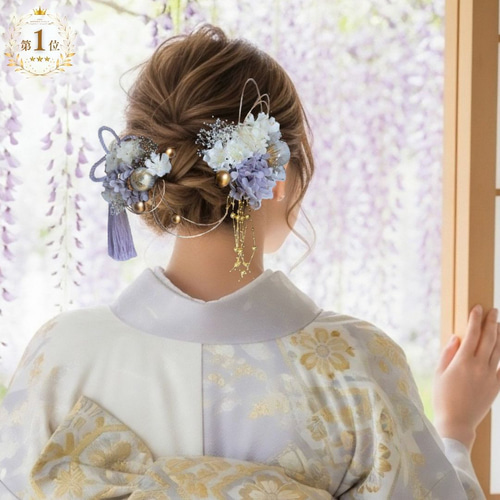 成人式 髪飾り 紫系フラワー×枝垂れパール｜卒業式 袴 和装ヘア No