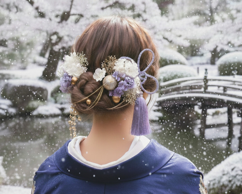 成人式 髪飾り 紫系フラワー×枝垂れパール｜卒業式 袴 和装ヘア No