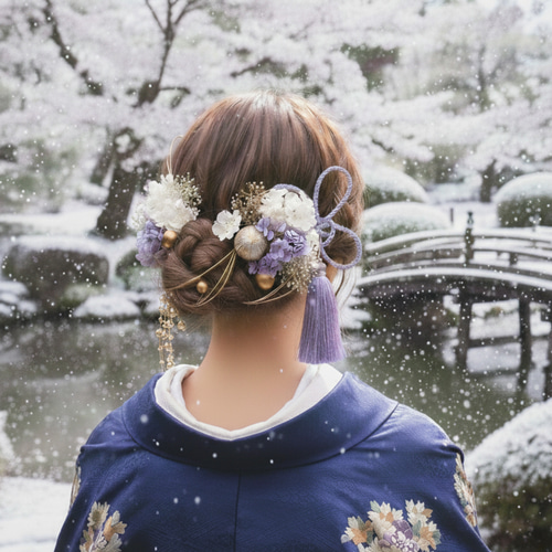 成人式 髪飾り 紫系フラワー×枝垂れパール｜卒業式 袴 和装ヘア No