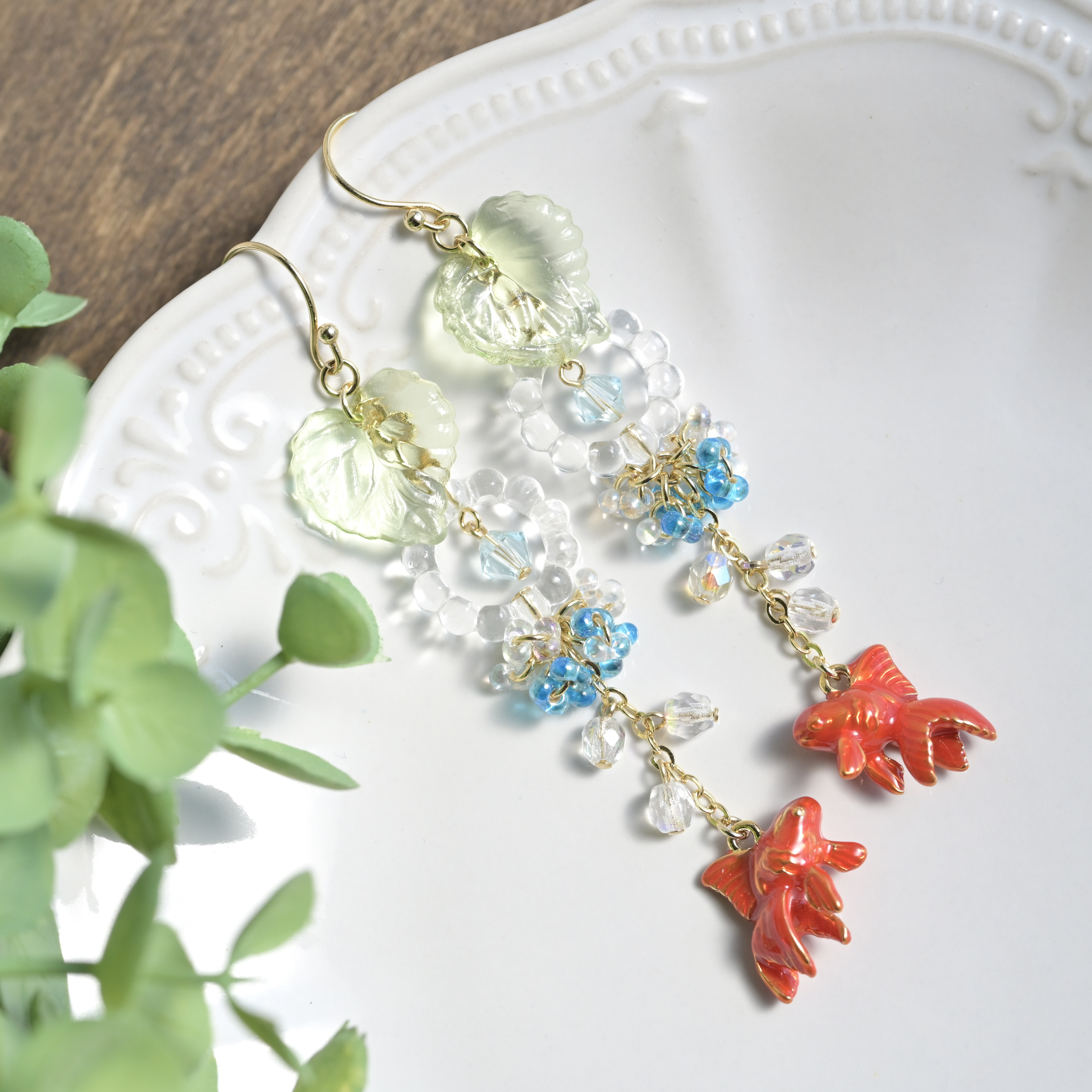 揺れる金魚鉢と蓄光金魚掬いとヨーヨーの和風ピアス　イヤリング(4点セット) 揺れる金魚鉢と蓄光金魚掬いとヨーヨーの和風ピアス イヤリング