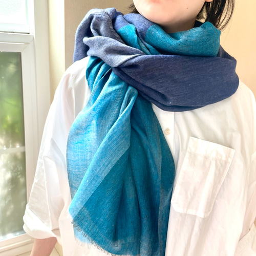 4色ブロックストール ファインウール100% 大判 ウールストール ブルー  