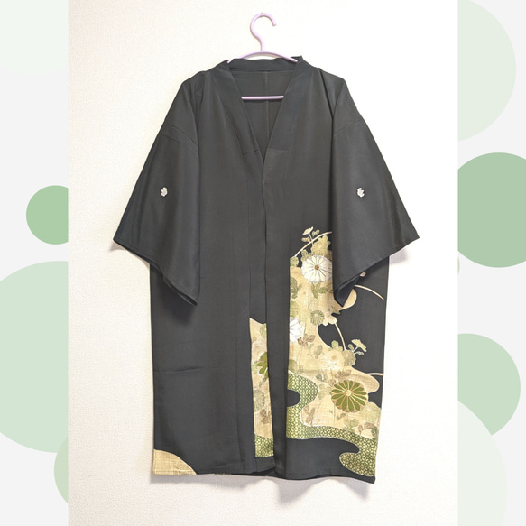 着物リメイクカーディガン(羽織) 黒留緑 カーディガン オトーフ