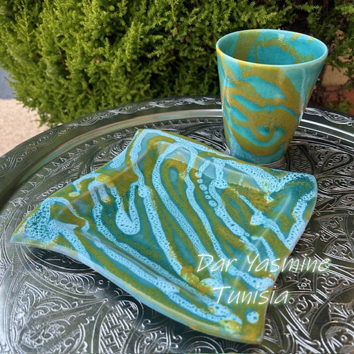 ハネン　カラフル陶器　海の泡のようなブルー　平皿とスムージーカップセット