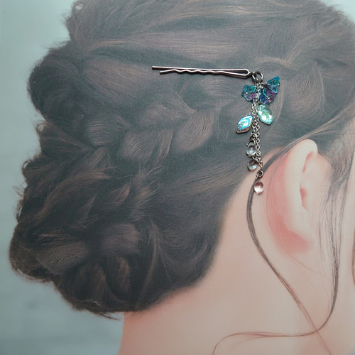 揺れるガラスの花が上品に煌めく♡かんざし風ヘアピン 水色～ピンク