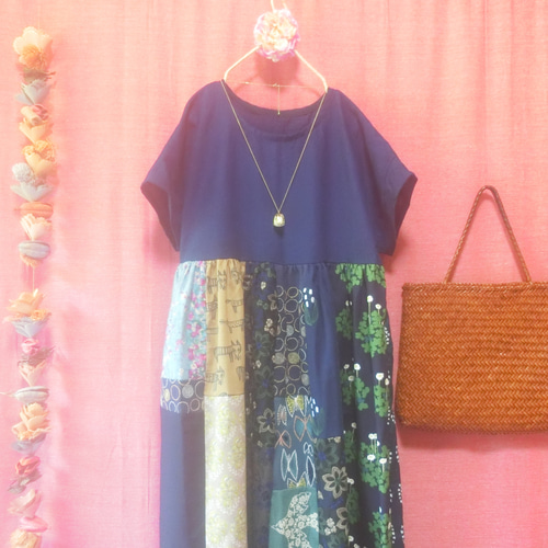 ミナペルホネン】北欧パッチワーク ゆるふわワンピース navy