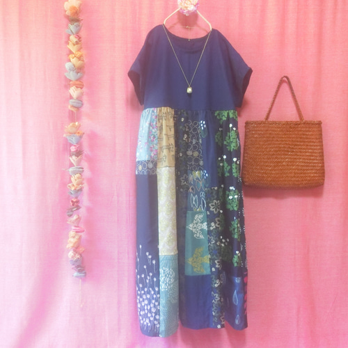 ミナペルホネン】北欧パッチワーク ゆるふわワンピース navy