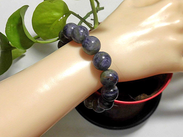 天然石 チャロアイト13.9mm～14.2mm玉ブレスレット 内周18.7cm　　　240101778