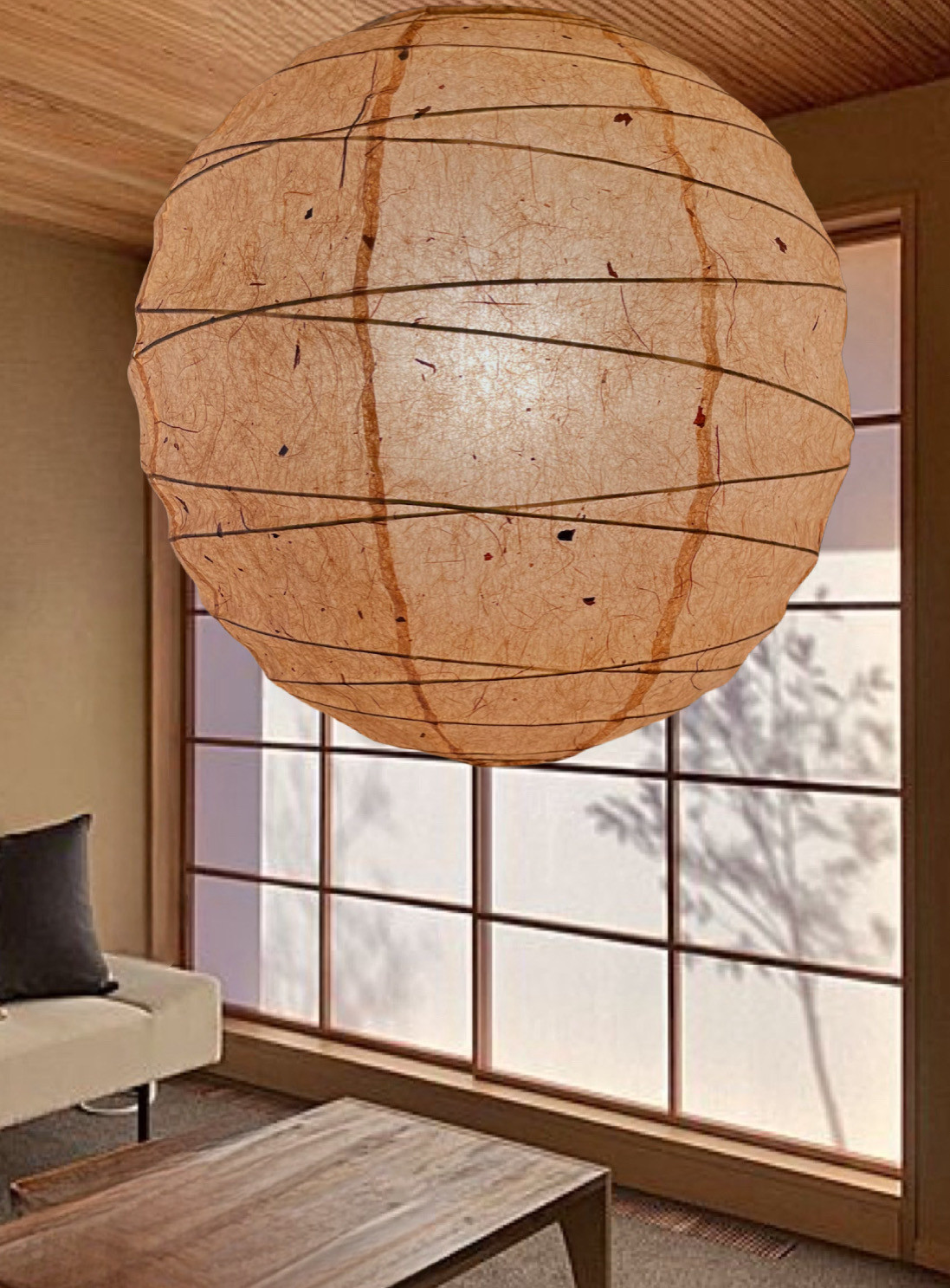 杉皮入り和紙提灯ペンダント径45㎝丸灯具付き