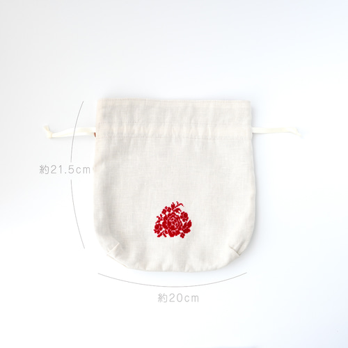 バラのリバーシブルリネン巾着 クロスステッチ刺繍 巾着袋 NJUTA