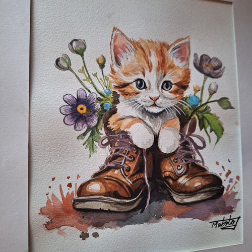 水彩画 ブーツの子猫 絵画 makochin 通販 18096596｜Creema